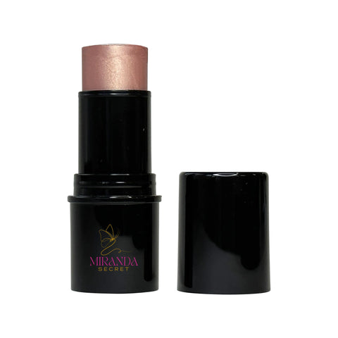 Makeup stick with rose gold cap and black body on a white background, featuring Miranda Secret logo.