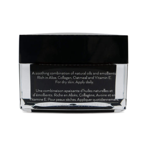 Cosmetic jar with black lid and clear body on a white background