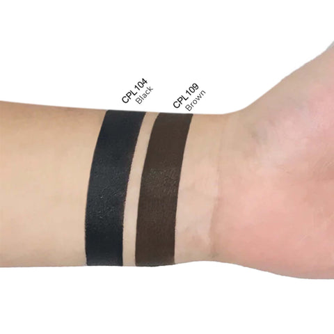 Two color swatches on a person's arm labeled 'Black' and 'Brown'.