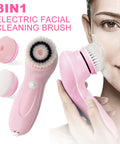 3-in-1 electric facial cleaning brush with attachments and a person using it on their face.