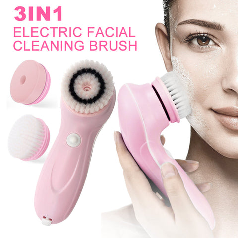 3-in-1 electric facial cleaning brush with attachments and a person using it on their face.