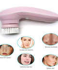 Pink facial cleansing brush with benefits on a white background