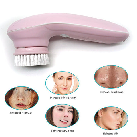 Pink facial cleansing brush with benefits on a white background