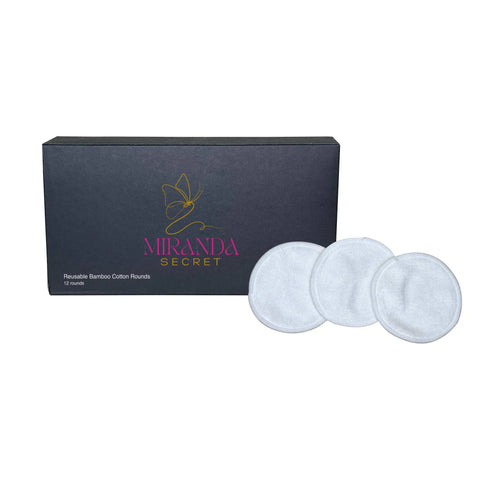 Miranda Secret reusable bamboo cotton rounds with packaging on a white background