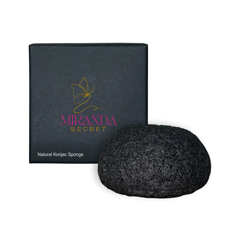 Black natural konjac sponge with Miranda Secret packaging on a white background