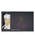 Black box of biodegradable cotton swabs with 'Miranda Secret' branding.