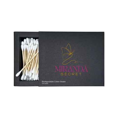 Black box of biodegradable cotton swabs with 'Miranda Secret' branding.