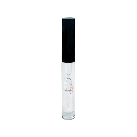 Clear lip gloss with black cap on a white background