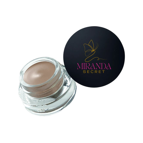 Cosmetic cream jar with Miranda Secret logo on a white background