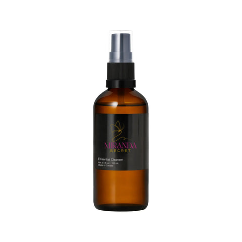 Brown spray bottle with black label on a white background