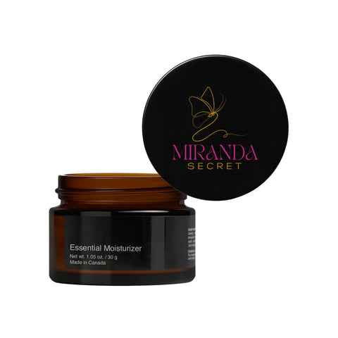 Open jar of Miranda Secret Essential Moisturizer with black lid on a white background