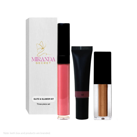 Miranda Secret lip gloss set with packaging on a white background
