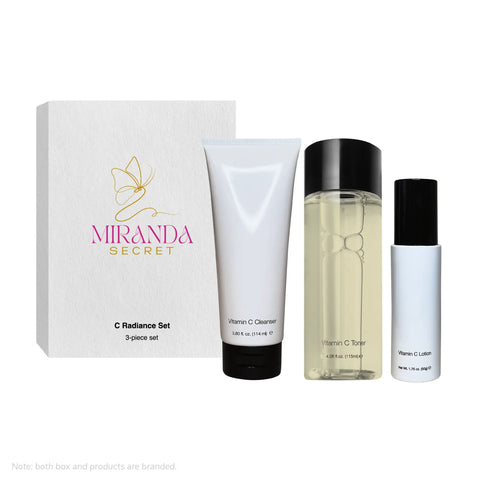 Miranda Secret skincare set with products and packaging on a white background