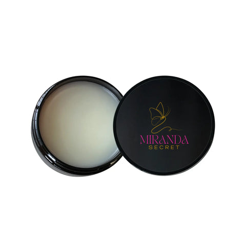 Open black jar of cream with 'Miranda Secret' branding on a white background