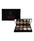 Makeup palette with shades of brown and beige, open and closed, on a white background with 'Miranda Secret' branding.