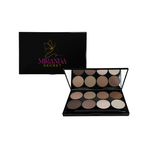 Makeup palette with shades of brown and beige, open and closed, on a white background with 'Miranda Secret' branding.
