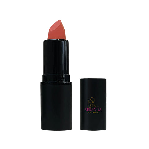 Black lipstick with a pink shade and Miranda Secret logo on a white background