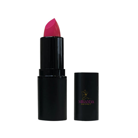 Pink lipstick with black case on a white background, featuring the Miranda Secret brand.