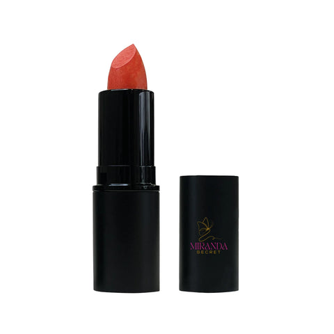 Black lipstick with red shade and Miranda Secret logo on a white background