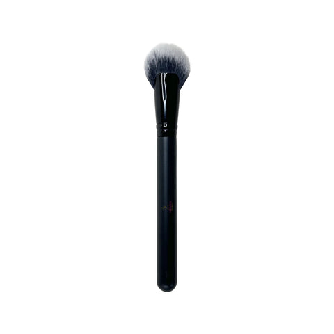 Black makeup brush with gray bristle head on a white background
