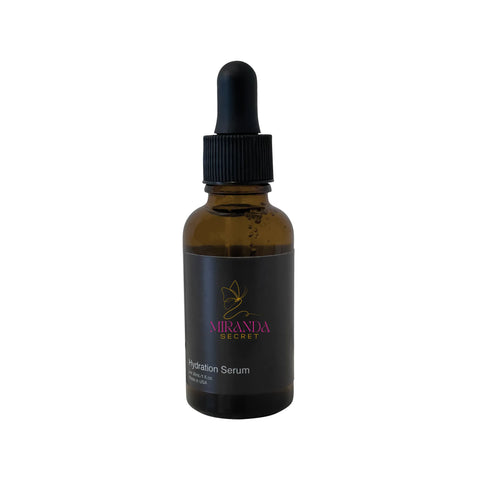 Amber glass bottle with dropper labeled 'Miranda Secret Hydration Serum' on a white background