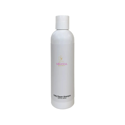 White shampoo bottle with 'Miranda' branding on a white background