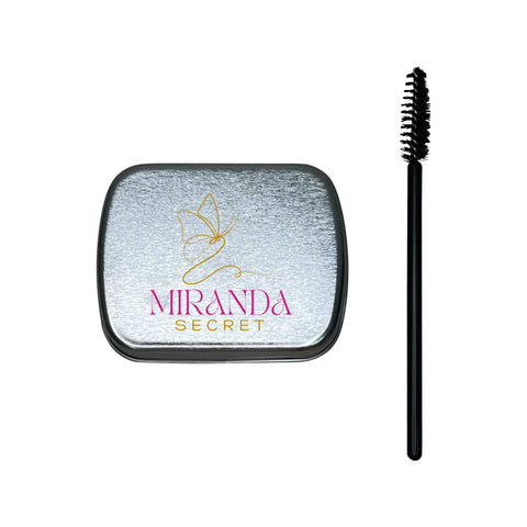 Miranda Secret brow product with brush and case on a white background