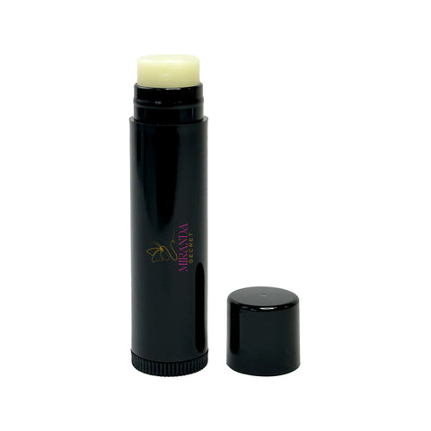 Black lip balm stick with visible brand logo on a white background