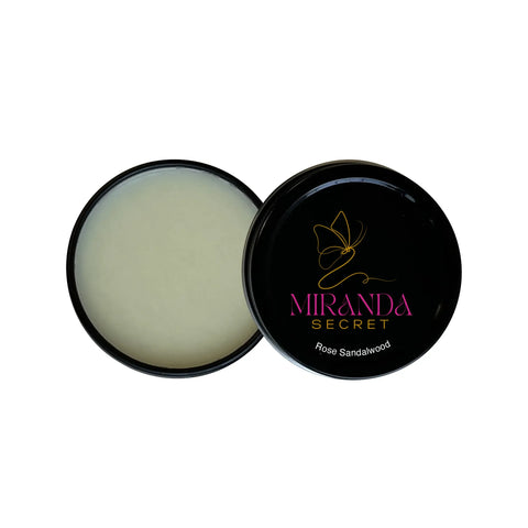 Black container of Miranda Secret Rose Sandalwood product on a white background