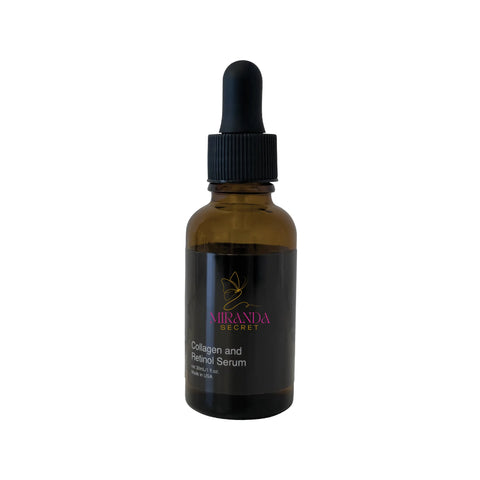 Brown serum bottle with black dropper labeled 'Miranda Secret' on a white background