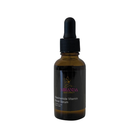 Brown glass bottle with black cap labeled 'Miranda Secret' on a white background