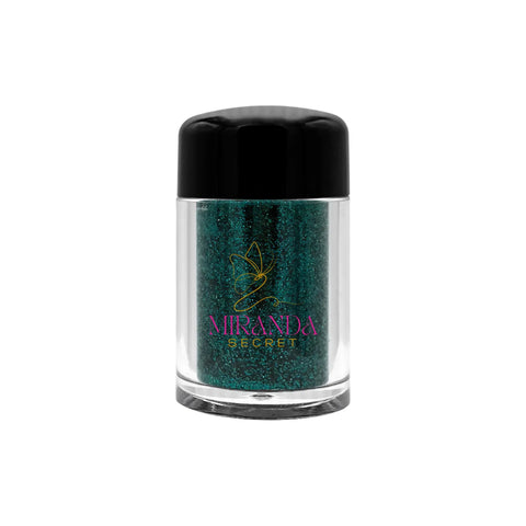 Green glitter in a jar with 'Miranda Secret' branding on a white background
