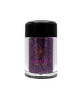 Purple glitter in a clear jar with black lid on a white background, featuring the Miranda Kerr brand.