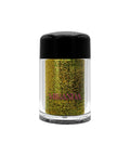 Jar of gold glitter with a black lid on a white background