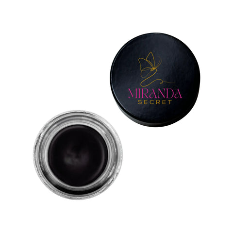Black eyeliner jar with Miranda Secret lid on a white background