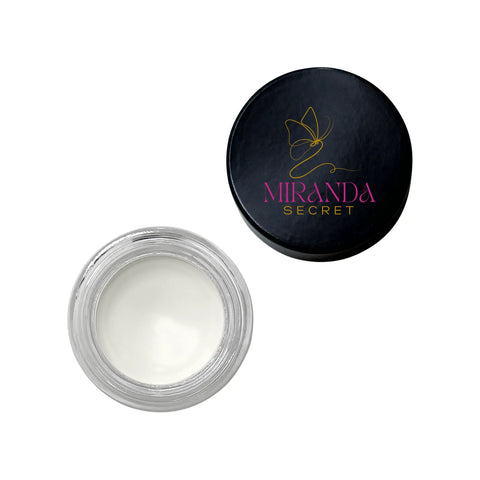 Open jar of cream with black lid featuring Miranda Secret logo on a white background