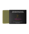 Green soap bar with black packaging featuring 'Miranda Secret' branding on a white background