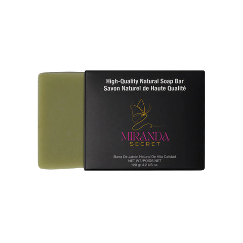 Green soap bar with black packaging featuring 'Miranda Secret' branding on a white background