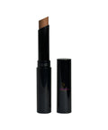 Black cosmetic stick with brown applicator on a white background