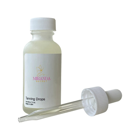 Miranda Skincare tanning drops with dropper on a white background