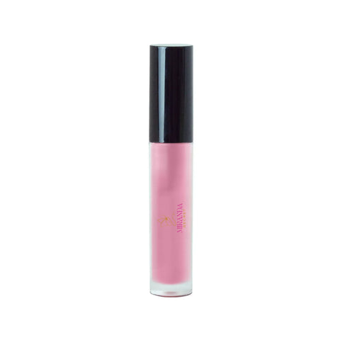 Pink lip gloss with black cap on a white background