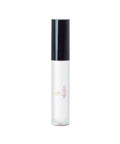 Lip gloss bottle with black cap and white body on a white background