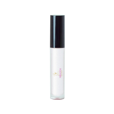 Lip gloss bottle with black cap and white body on a white background