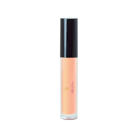 Lip gloss with black cap and visible brand name on a white background