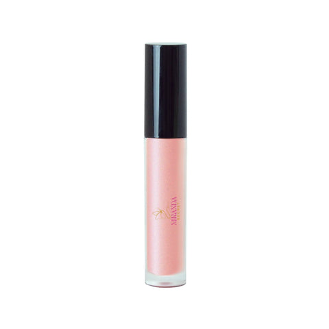 Pink lip gloss with black cap on a white background