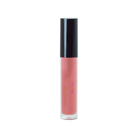 Lip gloss with black cap and pink shade on a white background