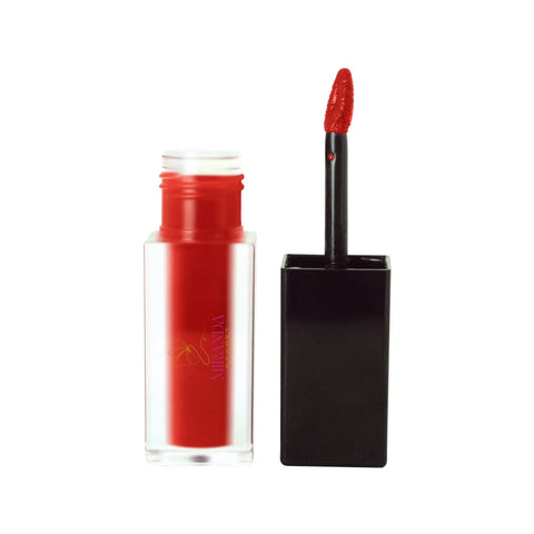 Red lip gloss with applicator on a white background