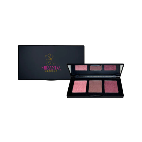 Makeup palette with four shades of pink and a black case featuring Miranda Kerr's logo on a white background.