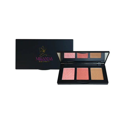 Makeup palette with three shades and a black box featuring Miranda Secret's logo on a white background