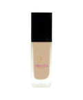 Foundation bottle with black cap and beige body on a white background